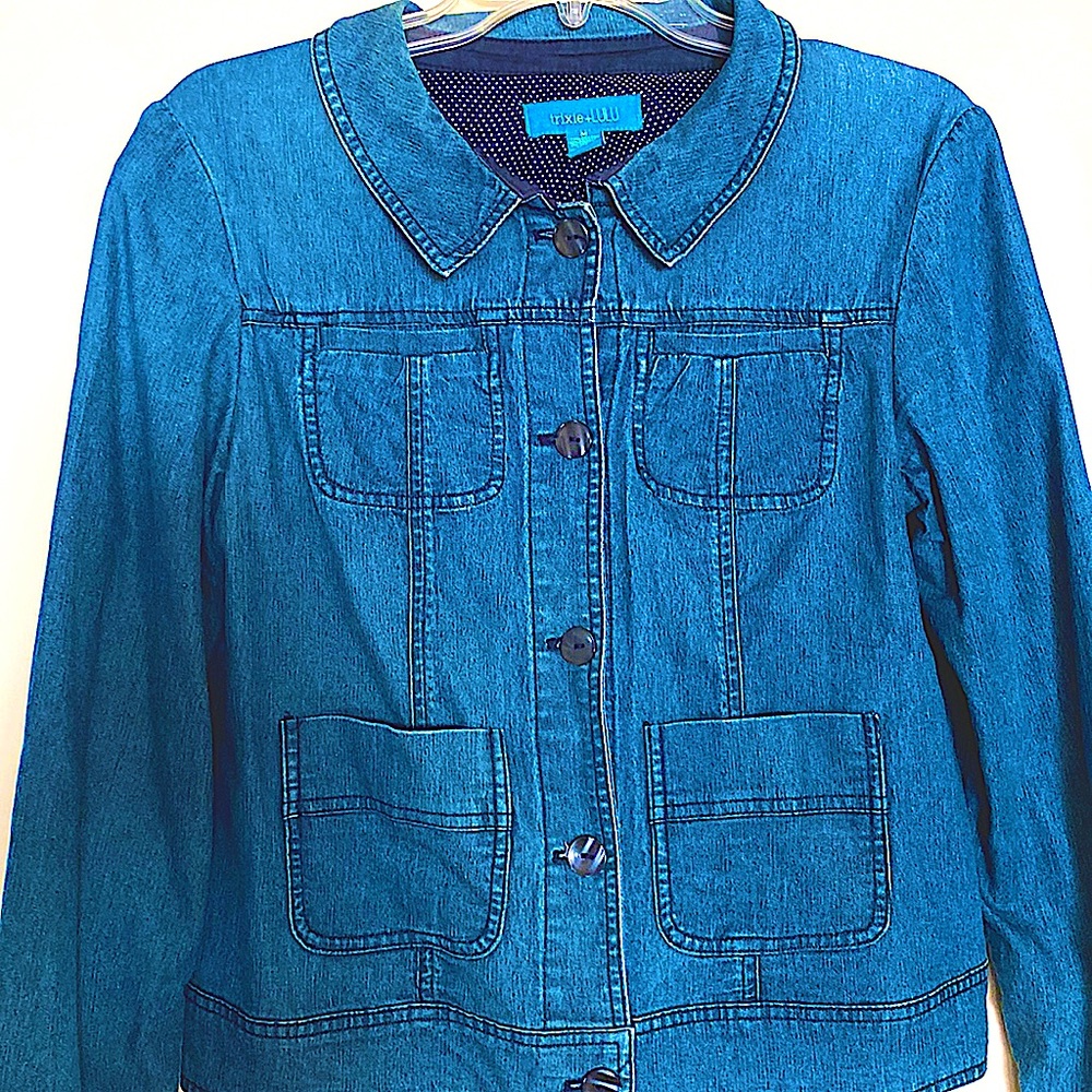 Trixie and Lulu lightweight, dark denim jacket.